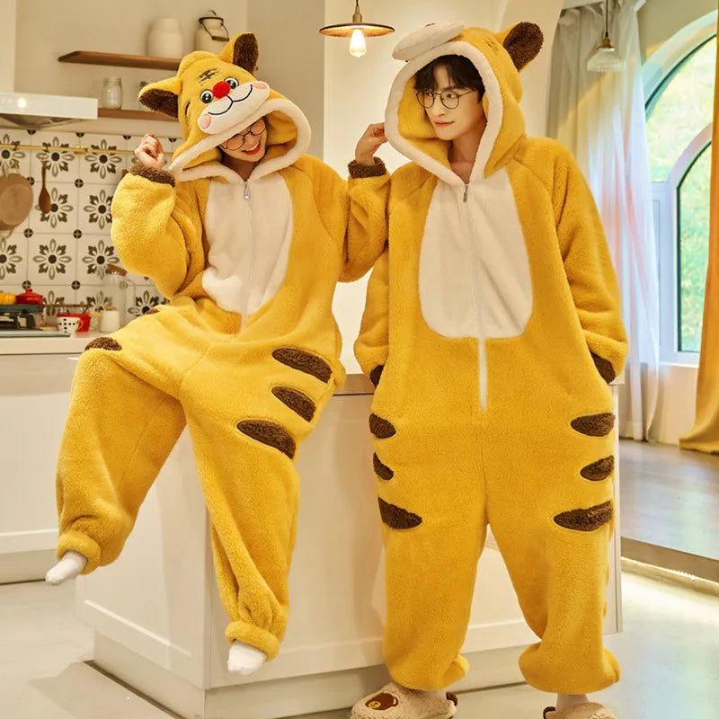 Couples Pajamas Kawaii Jumpsuits  Women Men Adult Winter Thicken Kawai Hoodies Pyjamas Sleepwear Anime Cat Korean Loose Onesie Soft Warm Home WU2808 ShopOnlyDeal