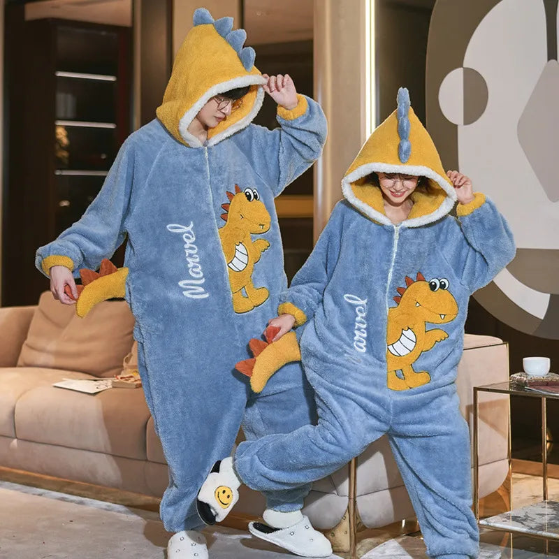 Couples Pajamas Kawaii Jumpsuits  Women Men Adult Winter Thicken Kawai Hoodies Pyjamas Sleepwear Anime Cat Korean Loose Onesie Soft Warm Home WU8815 ShopOnlyDeal