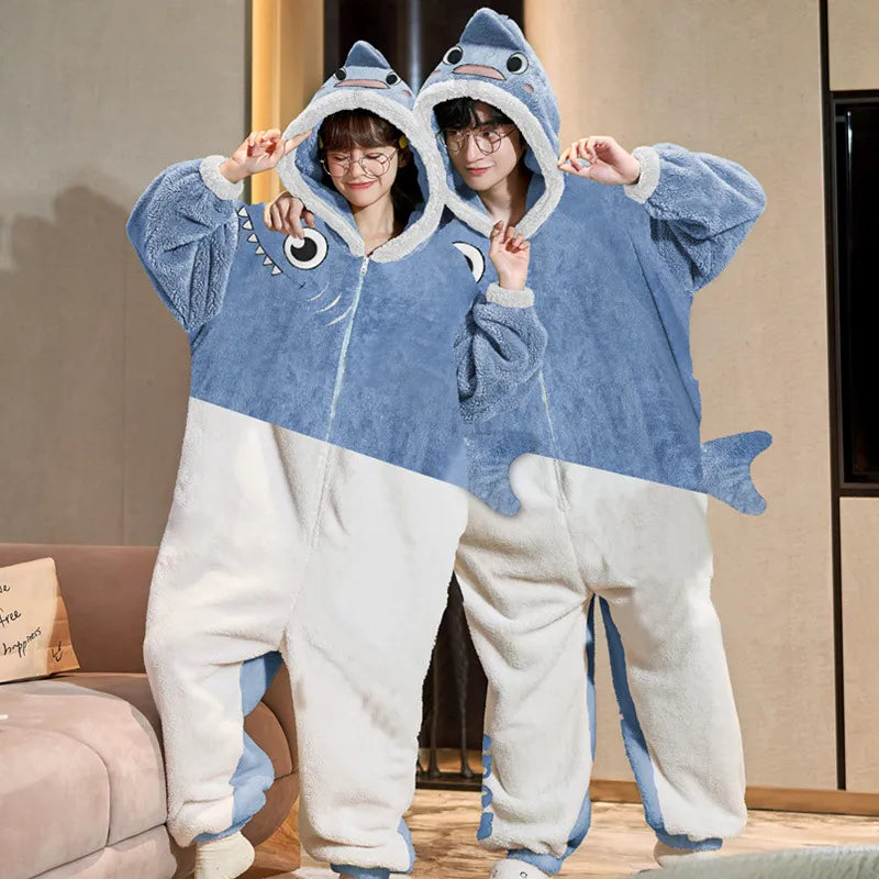 Couples Pajamas Kawaii Jumpsuits  Women Men Adult Winter Thicken Kawai Hoodies Pyjamas Sleepwear Anime Cat Korean Loose Onesie Soft Warm Home WU8813 ShopOnlyDeal