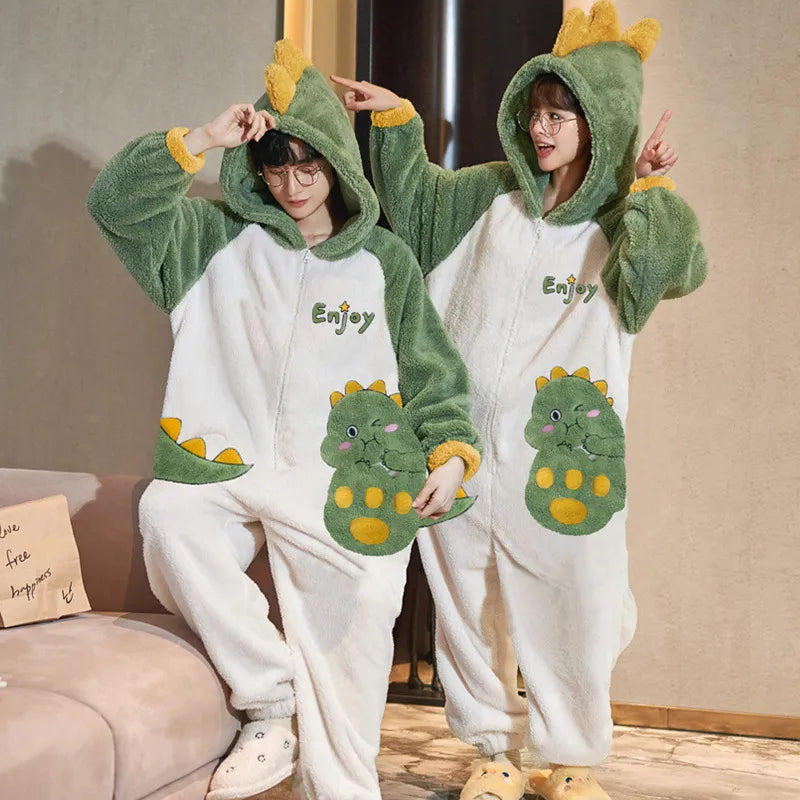 Couples Pajamas Kawaii Jumpsuits  Women Men Adult Winter Thicken Kawai Hoodies Pyjamas Sleepwear Anime Cat Korean Loose Onesie Soft Warm Home WU8804 ShopOnlyDeal