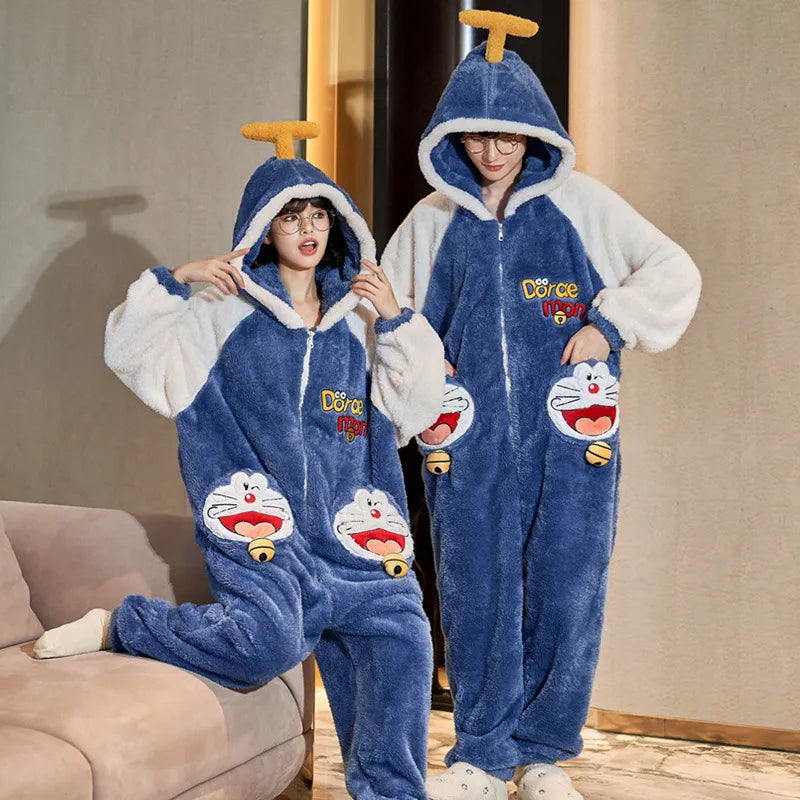 Couples Pajamas Kawaii Jumpsuits  Women Men Adult Winter Thicken Kawai Hoodies Pyjamas Sleepwear Anime Cat Korean Loose Onesie Soft Warm Home WU8816 ShopOnlyDeal