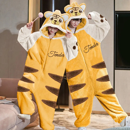 Couples Pajamas Kawaii Jumpsuits  Women Men Adult Winter Thicken Kawai Hoodies Pyjamas Sleepwear Anime Cat Korean Loose Onesie Soft Warm Home WU8807 ShopOnlyDeal