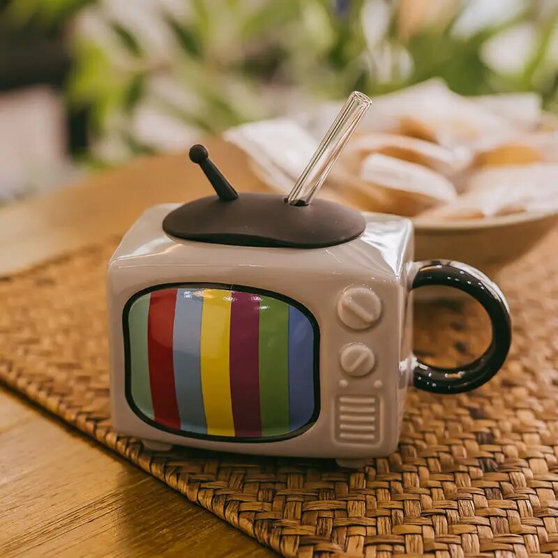 Creative Mug 3D Television TV Shape Milk Beer Mugs with Cover Household Cup Exquisite Drinking Drinkware Ceramic Coffee Mugs Retro ShopOnlyDeal