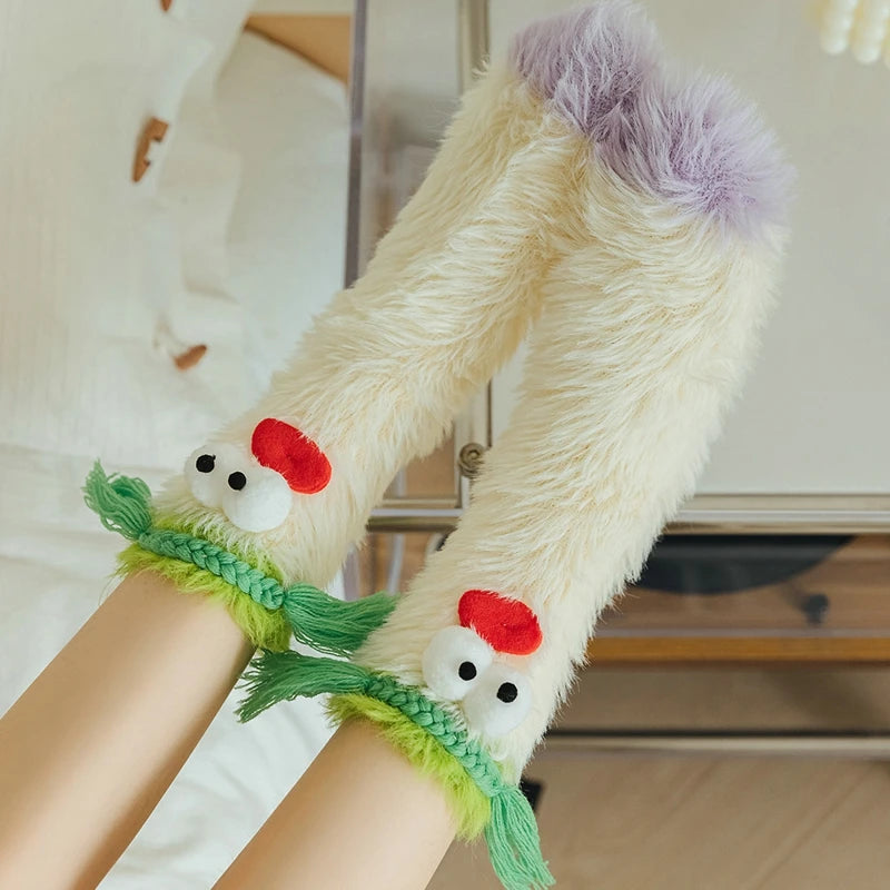 Plush Funny Magnetic SocksCreative Cartoon Thick Fleece Socks Autumn Winter Home Thermal Plush Floor Socks Middle Tube Socks Fluffy Stockings For Women ShopOnlyDeal