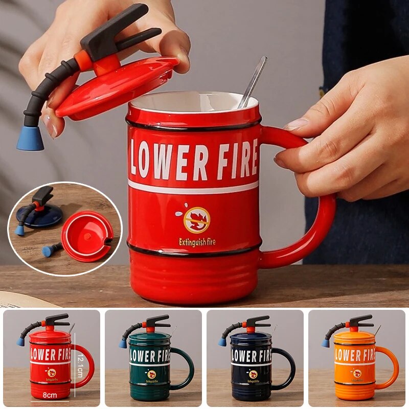 Fire Extinguisher Shape Creative Ceramic Mug Personality Water Bottle Home Office Coffee Mug with Lid Spoon Fireman Perfect Gift ShopOnlyDeal