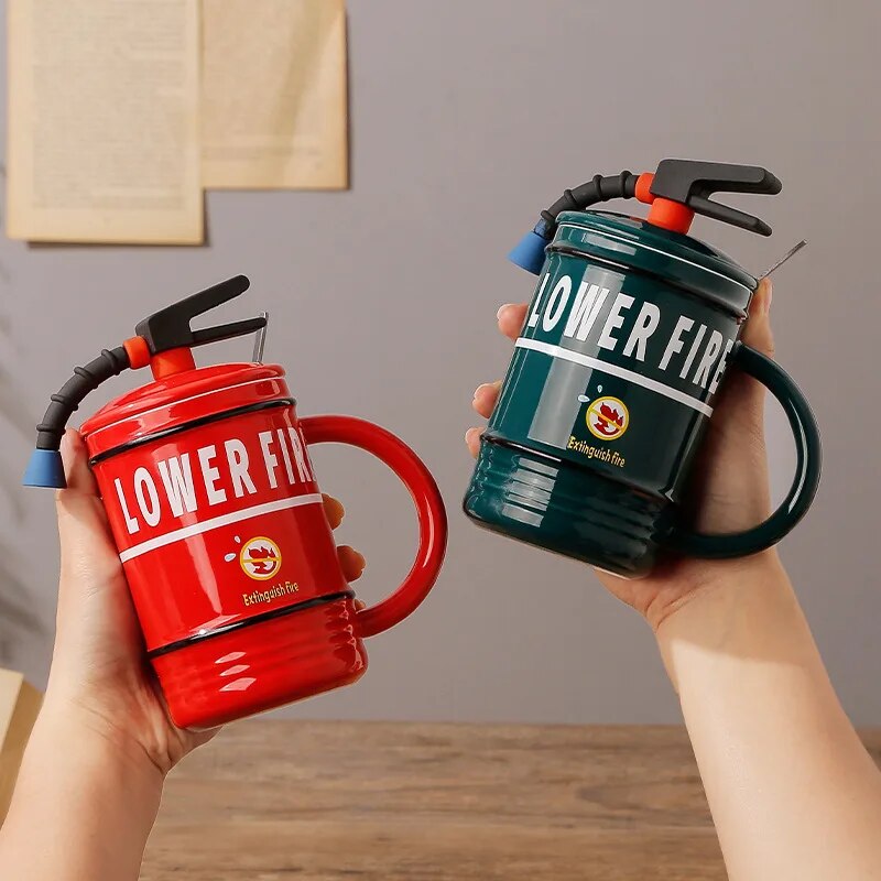 Fire Extinguisher Shape Creative Ceramic Mug Personality Water Bottle Home Office Coffee Mug with Lid Spoon Fireman Perfect Gift ShopOnlyDeal