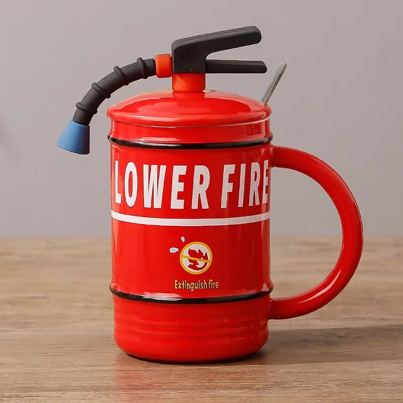 Fire Extinguisher Shape Creative Ceramic Mug Personality Water Bottle Home Office Coffee Mug with Lid Spoon Fireman Perfect Gift ShopOnlyDeal