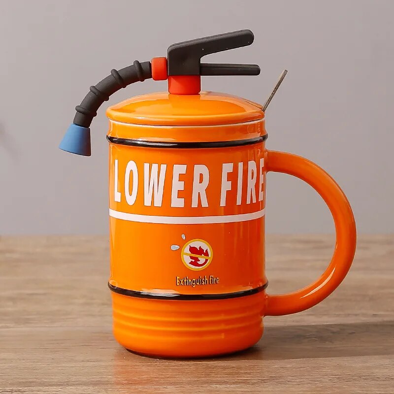 Fire Extinguisher Shape Creative Ceramic Mug Personality Water Bottle Home Office Coffee Mug with Lid Spoon Fireman Perfect Gift ShopOnlyDeal