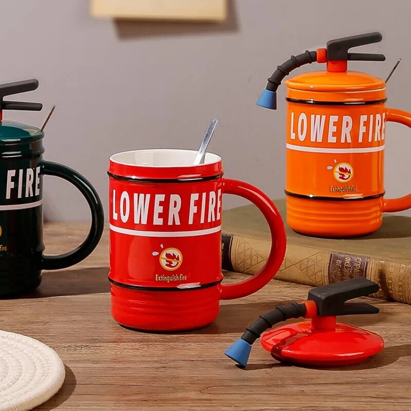 Fire Extinguisher Shape Creative Ceramic Mug Personality Water Bottle Home Office Coffee Mug with Lid Spoon Fireman Perfect Gift ShopOnlyDeal