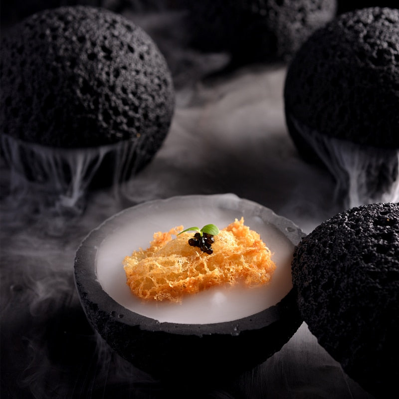 Volcanic Stone Bowl Creative Bowl of molecular cuisine Imitation volcanic stone ball disk Round smoked bowl Black tableware Soup bowls Planet bowl Uptrends