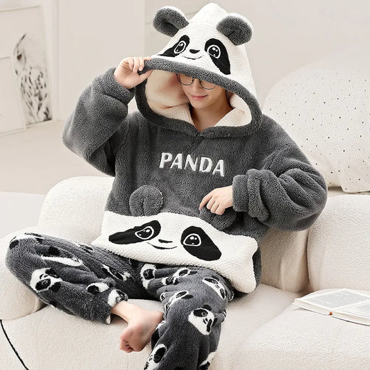 Kawaii Cute Animal Hooded Pajamas For Men's Winter Pajama Sets Sleepwear Kawai Nightwear Long Sleeve Thicken Warm Flannel Soft  Plus Size 3Xl G ShopOnlyDeal