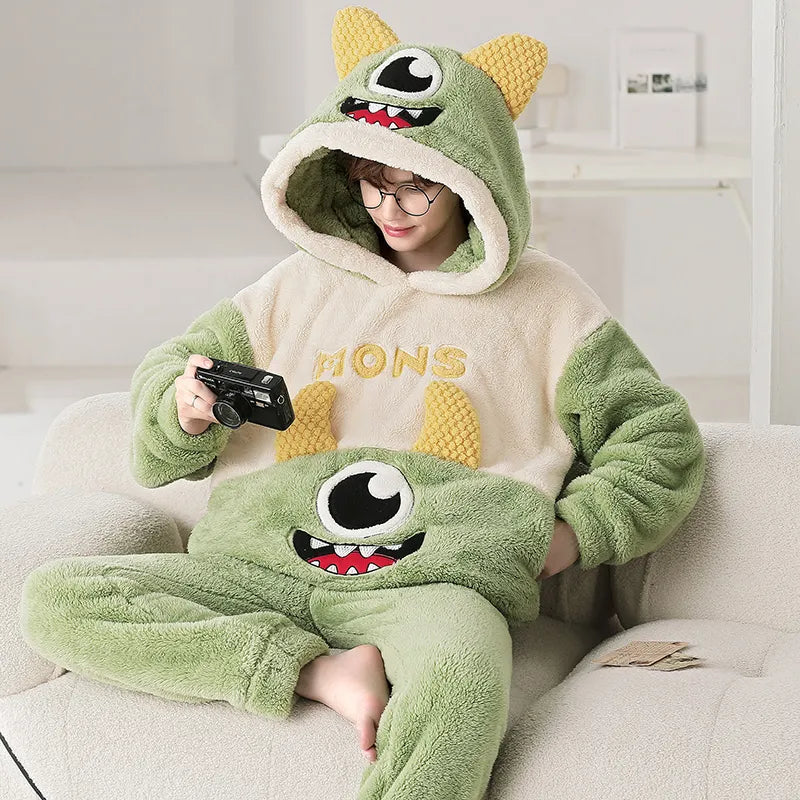 Kawaii Cute Animal Hooded Pajamas For Men's Winter Pajama Sets Sleepwear Kawai Nightwear Long Sleeve Thicken Warm Flannel Soft  Plus Size 3Xl Q ShopOnlyDeal