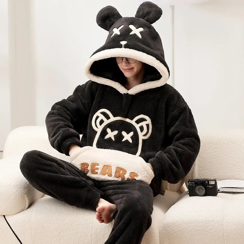 Kawaii Cute Animal Hooded Pajamas For Men's Winter Pajama Sets Sleepwear Kawai Nightwear Long Sleeve Thicken Warm Flannel Soft  Plus Size 3Xl C ShopOnlyDeal