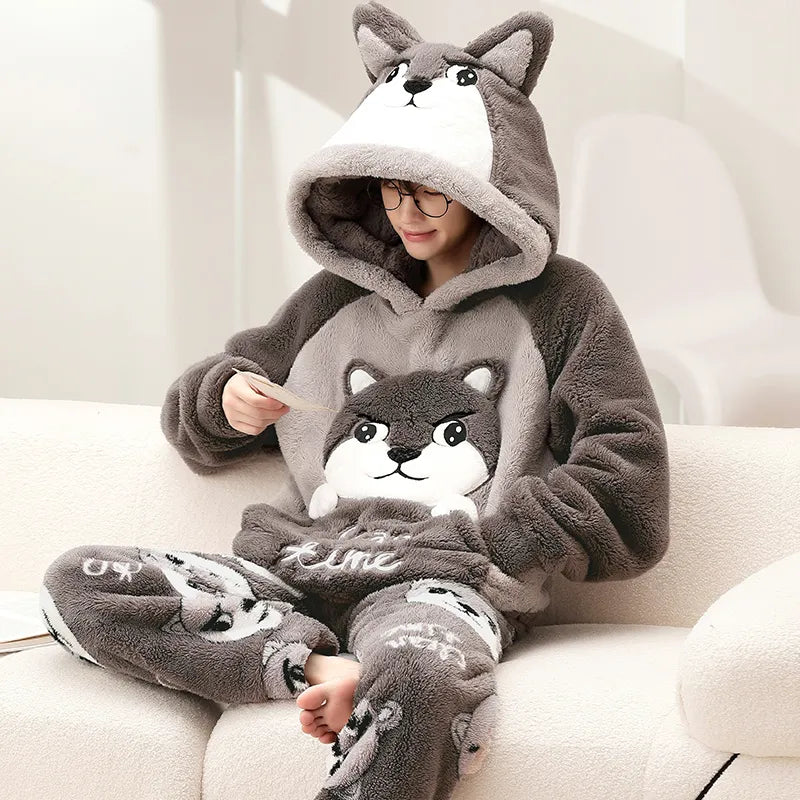 Kawaii Cute Animal Hooded Pajamas For Men's Winter Pajama Sets Sleepwear Kawai Nightwear Long Sleeve Thicken Warm Flannel Soft  Plus Size 3Xl A ShopOnlyDeal