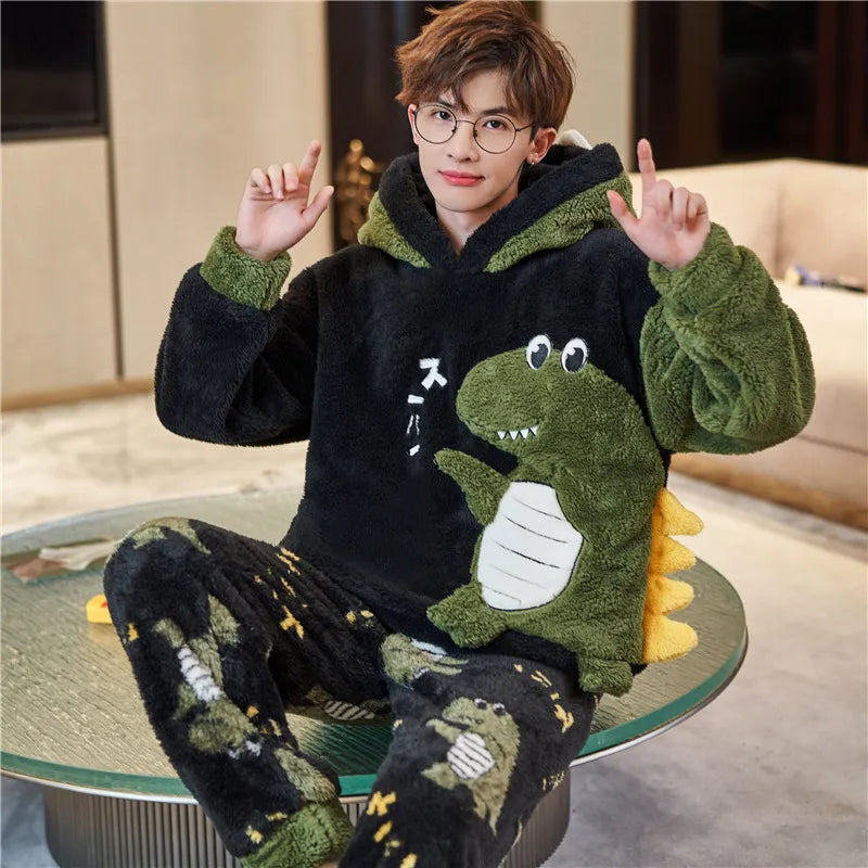 Kawaii Cute Animal Hooded Pajamas For Men's Winter Pajama Sets Sleepwear Kawai Nightwear Long Sleeve Thicken Warm Flannel Soft  Plus Size 3Xl W ShopOnlyDeal