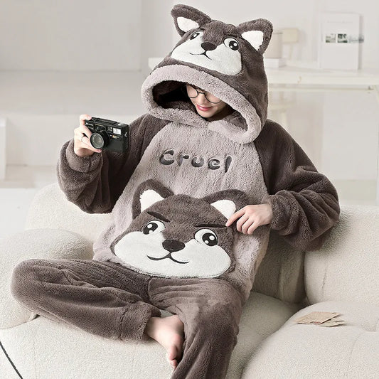 Kawaii Cute Animal Hooded Pajamas For Men's Winter Pajama Sets Sleepwear Kawai Nightwear Long Sleeve Thicken Warm Flannel Soft  Plus Size 3Xl R ShopOnlyDeal