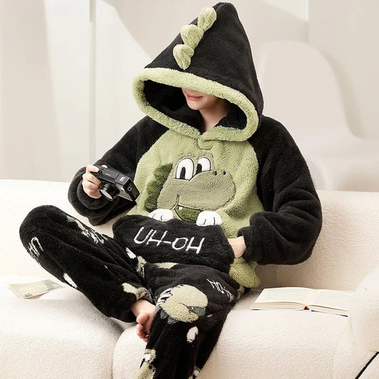 Kawaii Cute Animal Hooded Pajamas For Men's Winter Pajama Sets Sleepwear Kawai Nightwear Long Sleeve Thicken Warm Flannel Soft  Plus Size 3Xl E ShopOnlyDeal