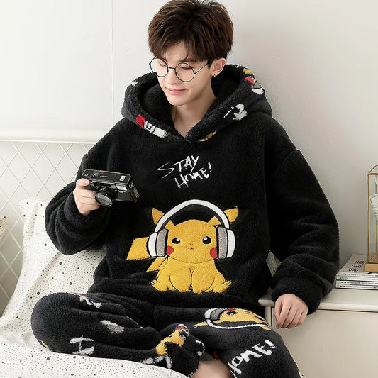 Kawaii Cute Animal Hooded Pajamas For Men's Winter Pajama Sets Sleepwear Kawai Nightwear Long Sleeve Thicken Warm Flannel Soft  Plus Size 3Xl P ShopOnlyDeal