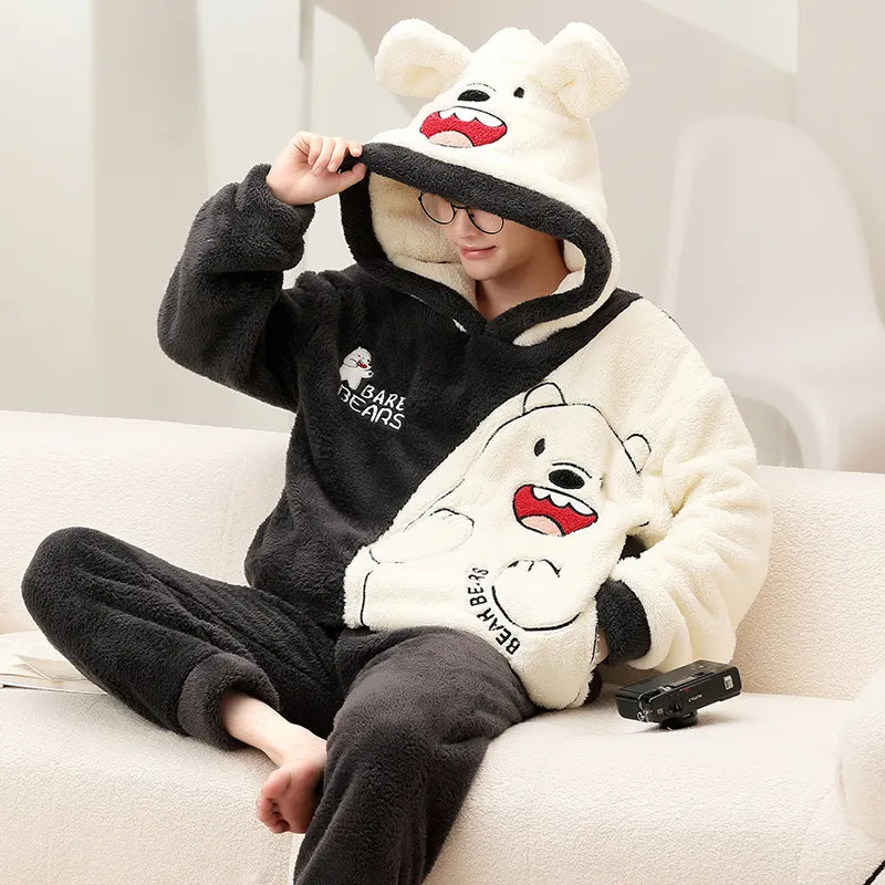 Kawaii Cute Animal Hooded Pajamas For Men's Winter Pajama Sets Sleepwear Kawai Nightwear Long Sleeve Thicken Warm Flannel Soft  Plus Size 3Xl F ShopOnlyDeal