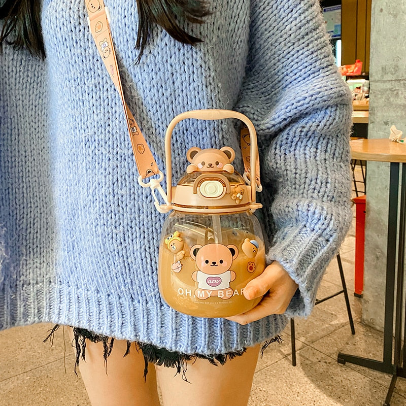 Cute Bear Water Bottles For Girls Kids With Straw Summer Large Capacity Juice Milk Bubble Tea School Sport Drinking Cup BPA Free ShopOnlyDeal