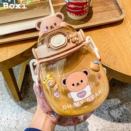 Cute Bear Water Bottles For Girls Kids With Straw Summer Large Capacity Juice Milk Bubble Tea School Sport Drinking Cup BPA Free ShopOnlyDeal