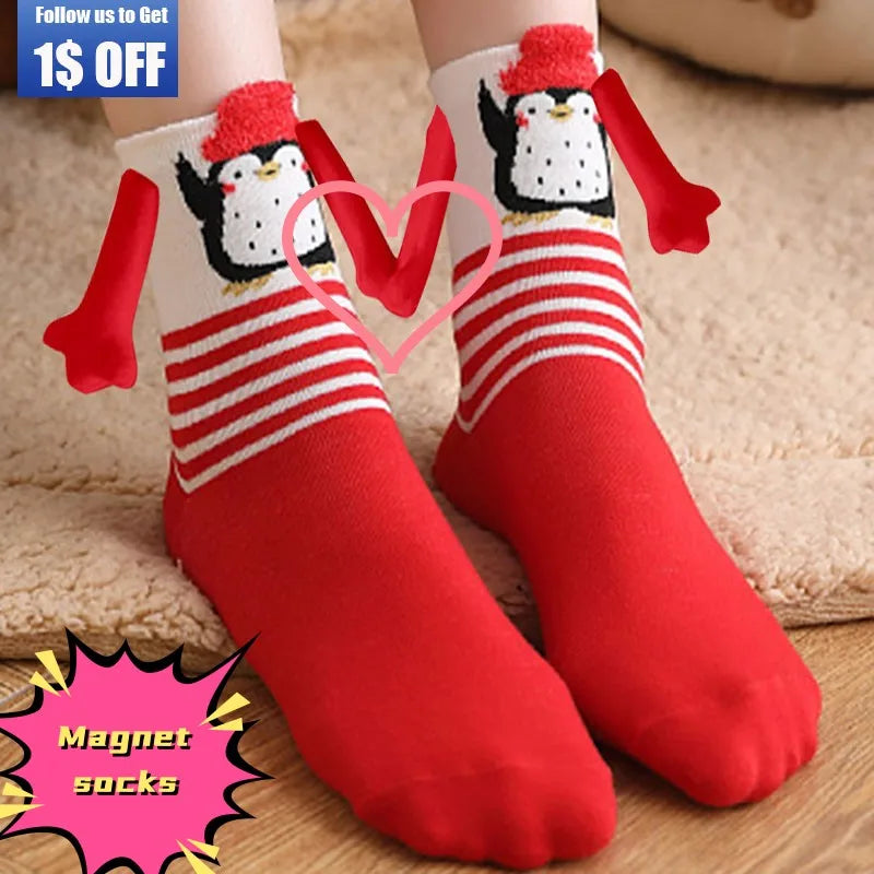 Cute Christmas Magnetic Socks Cotton Santa Claus Bear Pattern Hand In Hand Celebrity Couple Sock Mid Tube Soft Socks With Magnet ShopOnlyDeal