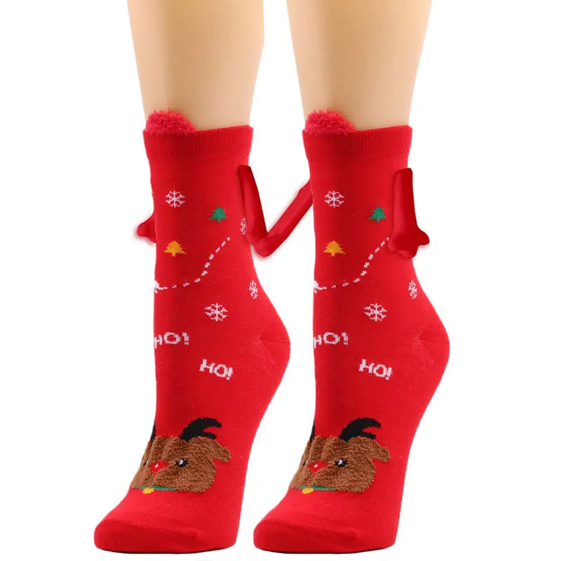 Cute Christmas Magnetic Socks Cotton Santa Claus Bear Pattern Hand In Hand Celebrity Couple Sock Mid Tube Soft Socks With Magnet ShopOnlyDeal