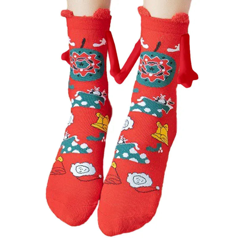 Cute Christmas Magnetic Socks Cotton Santa Claus Bear Pattern Hand In Hand Celebrity Couple Sock Mid Tube Soft Socks With Magnet ShopOnlyDeal