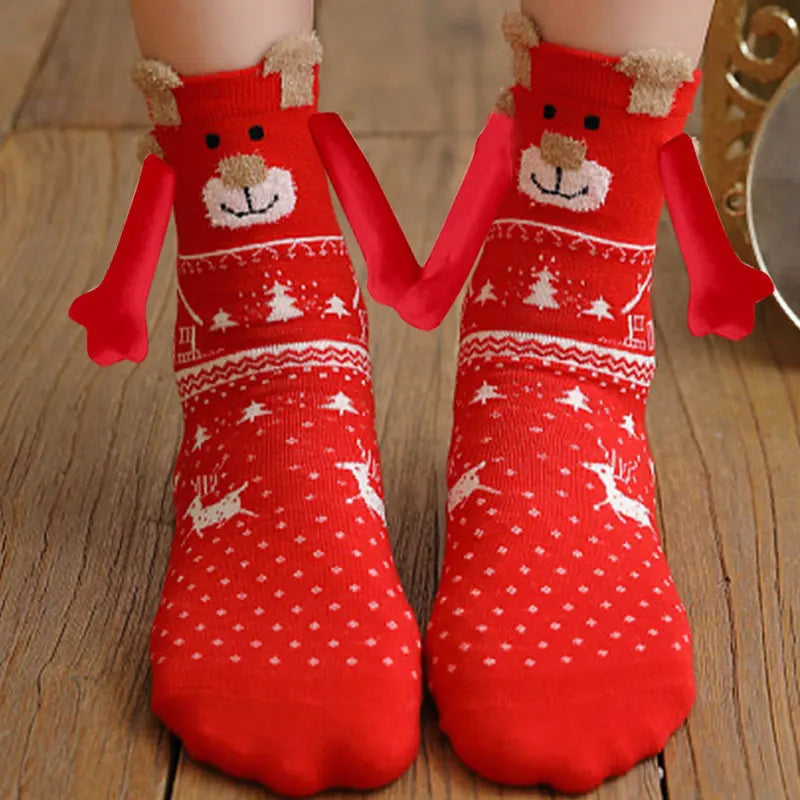 Cute Christmas Magnetic Socks Cotton Santa Claus Bear Pattern Hand In Hand Celebrity Couple Sock Mid Tube Soft Socks With Magnet ShopOnlyDeal