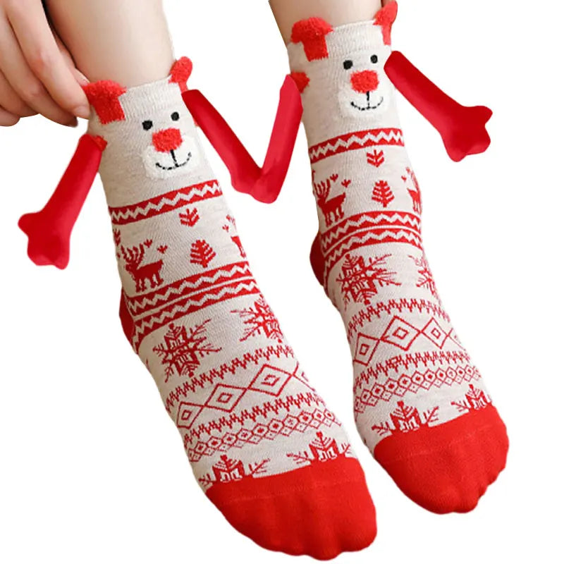 Cute Christmas Magnetic Socks Cotton Santa Claus Bear Pattern Hand In Hand Celebrity Couple Sock Mid Tube Soft Socks With Magnet ShopOnlyDeal