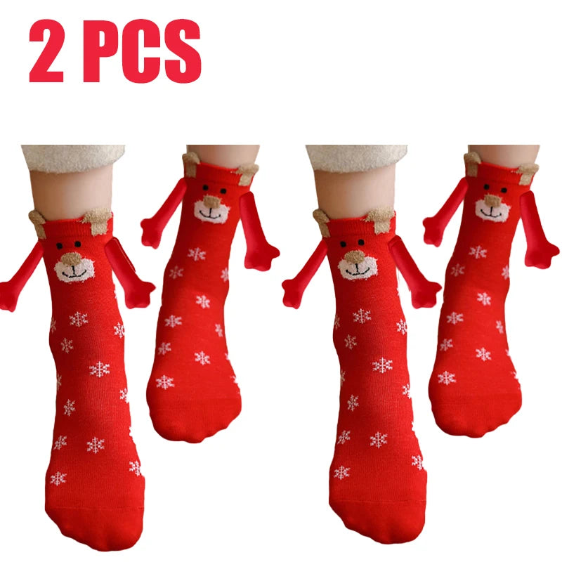 Cute Christmas Magnetic Socks Cotton Santa Claus Bear Pattern Hand In Hand Celebrity Couple Sock Mid Tube Soft Socks With Magnet ShopOnlyDeal