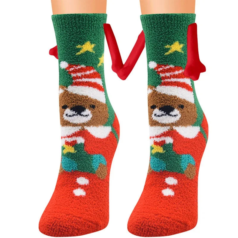 Cute Christmas Magnetic Socks Cotton Santa Claus Bear Pattern Hand In Hand Celebrity Couple Sock Mid Tube Soft Socks With Magnet ShopOnlyDeal