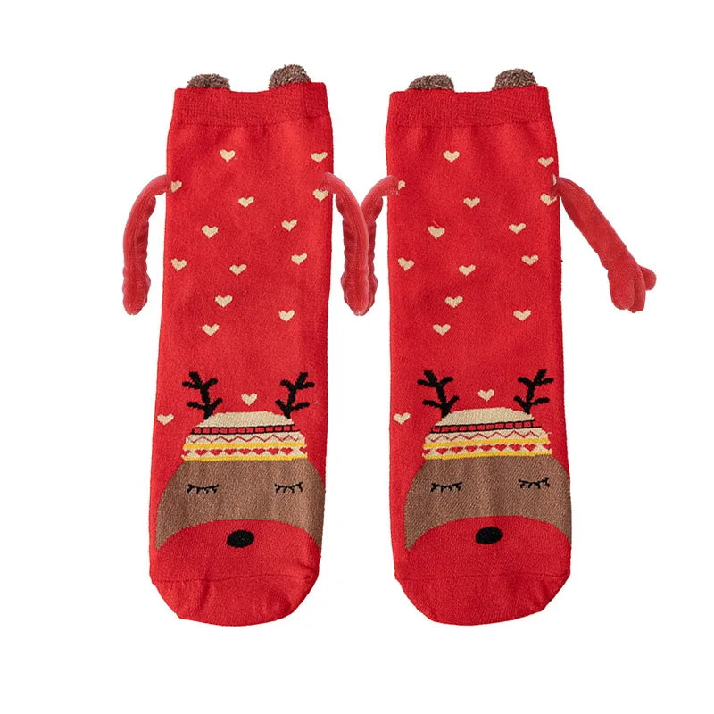 Cute Christmas Magnetic Socks Cotton Santa Claus Bear Pattern Hand In Hand Celebrity Couple Sock Mid Tube Soft Socks With Magnet ShopOnlyDeal