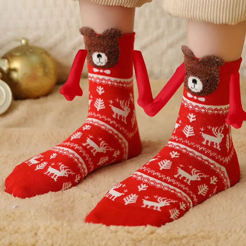 Cute Christmas Magnetic Socks Cotton Santa Claus Bear Pattern Hand In Hand Celebrity Couple Sock Mid Tube Soft Socks With Magnet ShopOnlyDeal