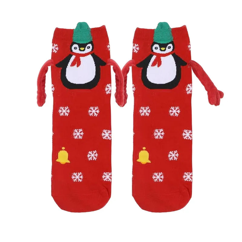 Cute Christmas Magnetic Socks Cotton Santa Claus Bear Pattern Hand In Hand Celebrity Couple Sock Mid Tube Soft Socks With Magnet ShopOnlyDeal