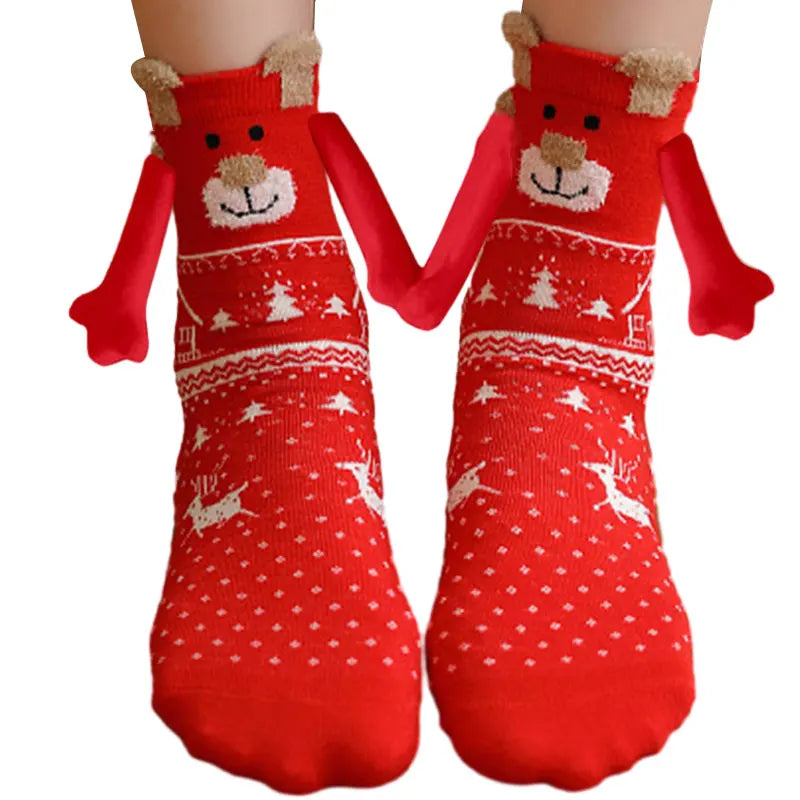 Cute Christmas Magnetic Socks Cotton Santa Claus Bear Pattern Hand In Hand Celebrity Couple Sock Mid Tube Soft Socks With Magnet ShopOnlyDeal