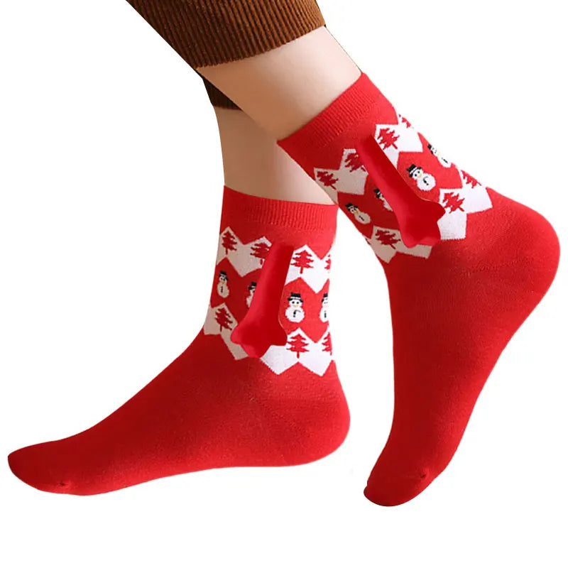 Cute Christmas Magnetic Socks Cotton Santa Claus Bear Pattern Hand In Hand Celebrity Couple Sock Mid Tube Soft Socks With Magnet ShopOnlyDeal