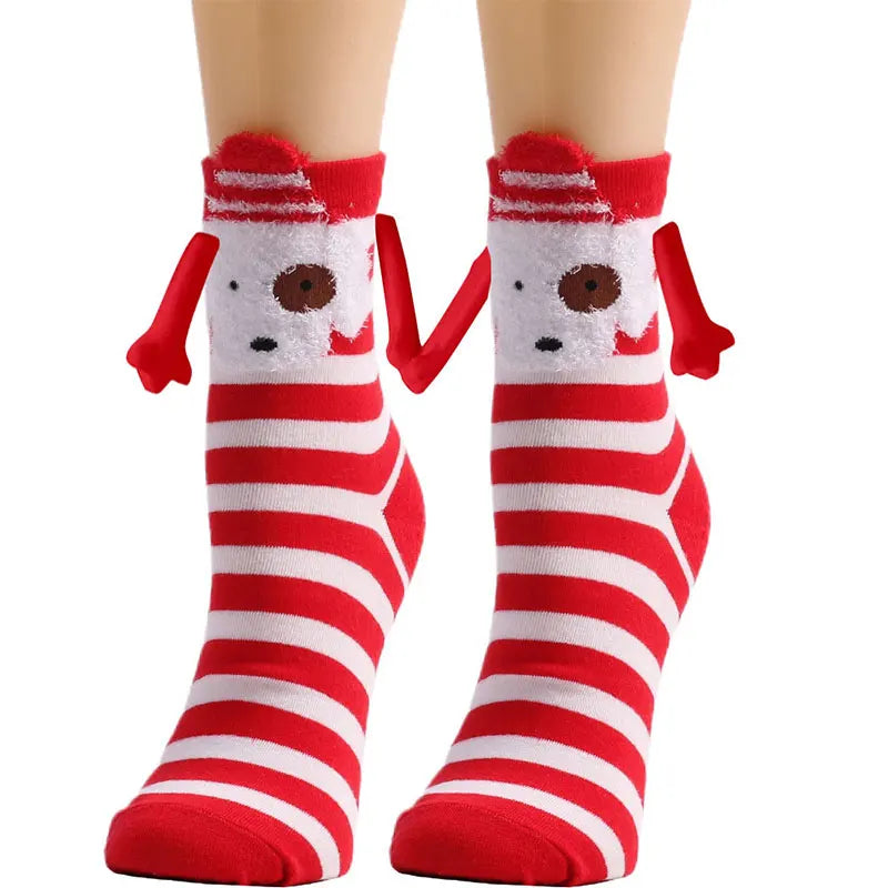 Cute Christmas Magnetic Socks Cotton Santa Claus Bear Pattern Hand In Hand Celebrity Couple Sock Mid Tube Soft Socks With Magnet ShopOnlyDeal