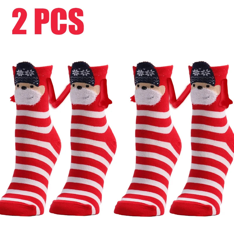 Cute Christmas Magnetic Socks Cotton Santa Claus Bear Pattern Hand In Hand Celebrity Couple Sock Mid Tube Soft Socks With Magnet ShopOnlyDeal