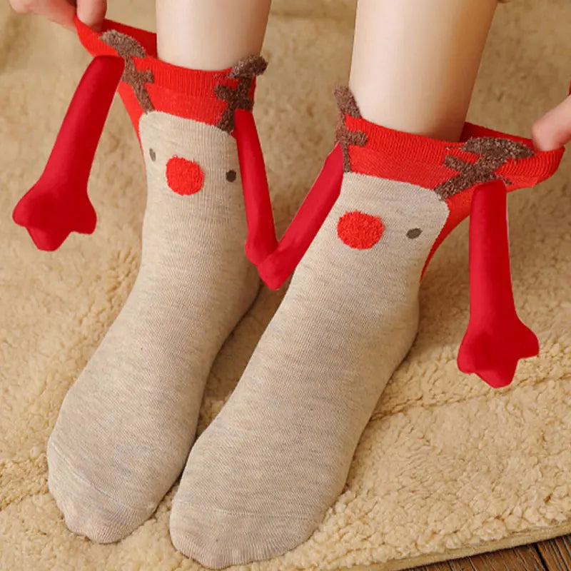 Cute Christmas Magnetic Socks Cotton Santa Claus Bear Pattern Hand In Hand Celebrity Couple Sock Mid Tube Soft Socks With Magnet ShopOnlyDeal