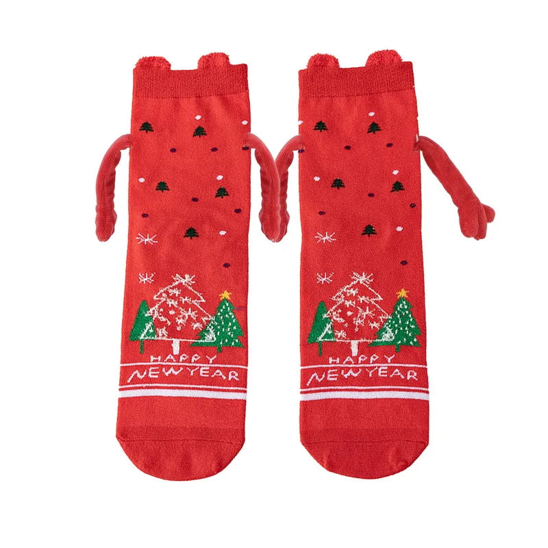 Cute Christmas Magnetic Socks Cotton Santa Claus Bear Pattern Hand In Hand Celebrity Couple Sock Mid Tube Soft Socks With Magnet ShopOnlyDeal