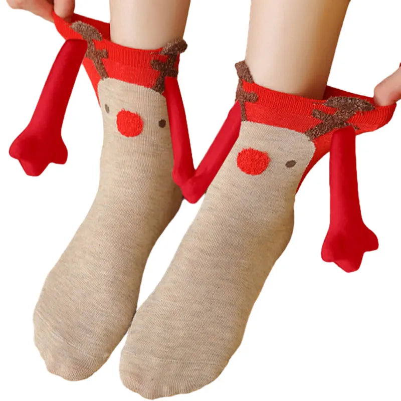 Cute Christmas Magnetic Socks Cotton Santa Claus Bear Pattern Hand In Hand Celebrity Couple Sock Mid Tube Soft Socks With Magnet ShopOnlyDeal