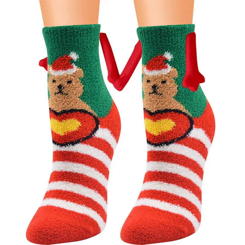 Cute Christmas Magnetic Socks Cotton Santa Claus Bear Pattern Hand In Hand Celebrity Couple Sock Mid Tube Soft Socks With Magnet ShopOnlyDeal