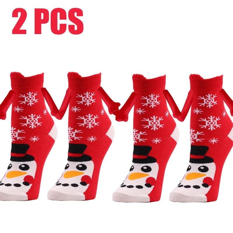 Cute Christmas Magnetic Socks Cotton Santa Claus Bear Pattern Hand In Hand Celebrity Couple Sock Mid Tube Soft Socks With Magnet ShopOnlyDeal