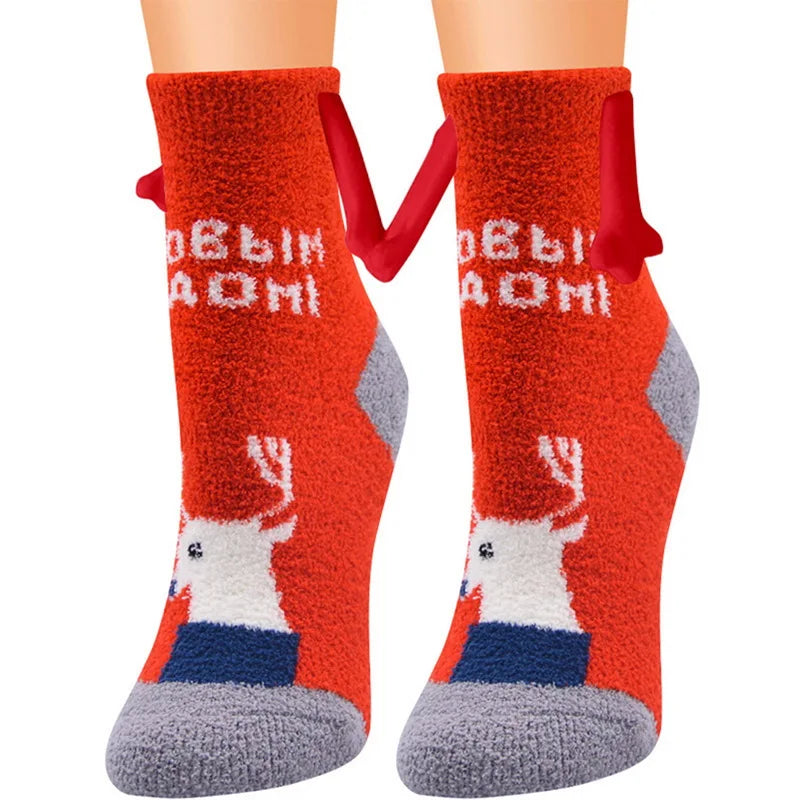 Cute Christmas Magnetic Socks Cotton Santa Claus Bear Pattern Hand In Hand Celebrity Couple Sock Mid Tube Soft Socks With Magnet ShopOnlyDeal