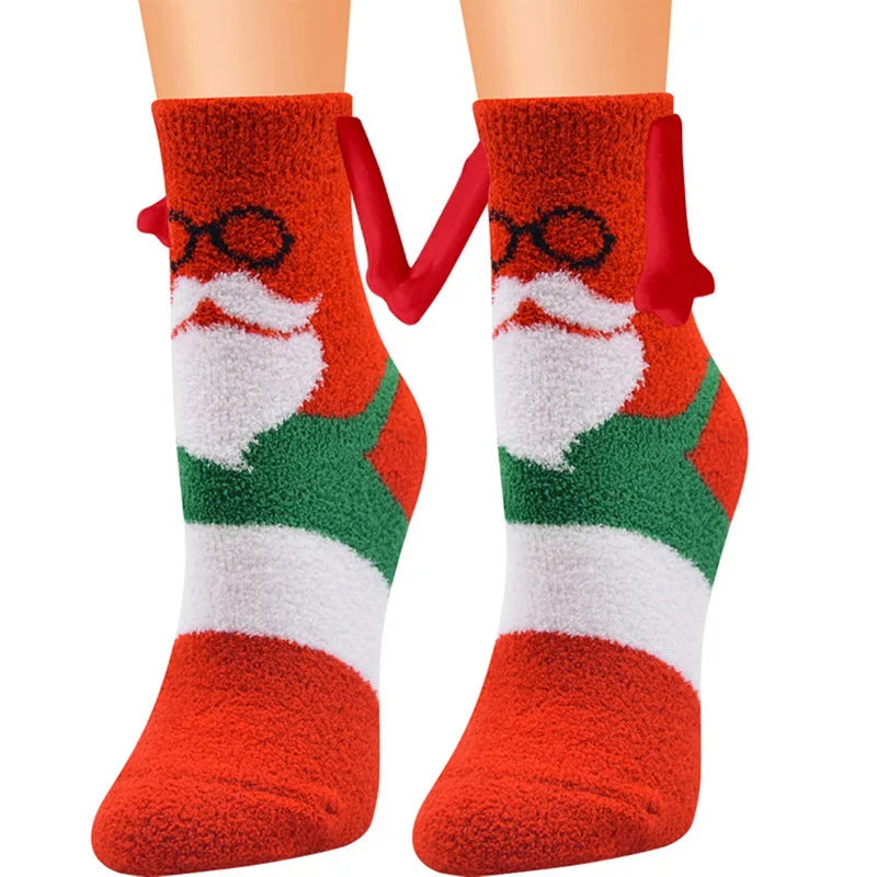 Cute Christmas Magnetic Socks Cotton Santa Claus Bear Pattern Hand In Hand Celebrity Couple Sock Mid Tube Soft Socks With Magnet ShopOnlyDeal