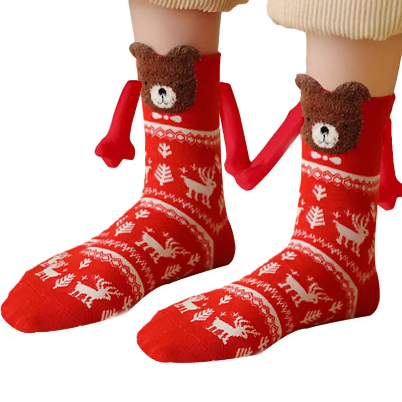 Cute Christmas Magnetic Socks Cotton Santa Claus Bear Pattern Hand In Hand Celebrity Couple Sock Mid Tube Soft Socks With Magnet ShopOnlyDeal