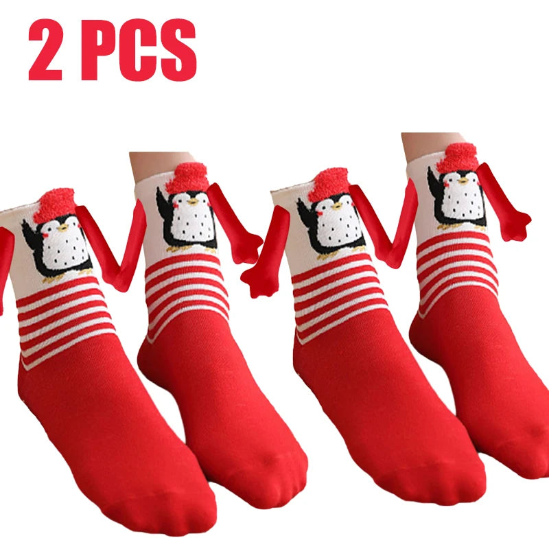 Cute Christmas Magnetic Socks Cotton Santa Claus Bear Pattern Hand In Hand Celebrity Couple Sock Mid Tube Soft Socks With Magnet ShopOnlyDeal