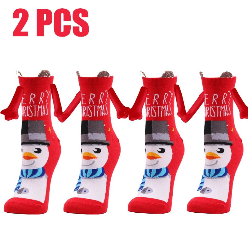 Cute Christmas Magnetic Socks Cotton Santa Claus Bear Pattern Hand In Hand Celebrity Couple Sock Mid Tube Soft Socks With Magnet ShopOnlyDeal