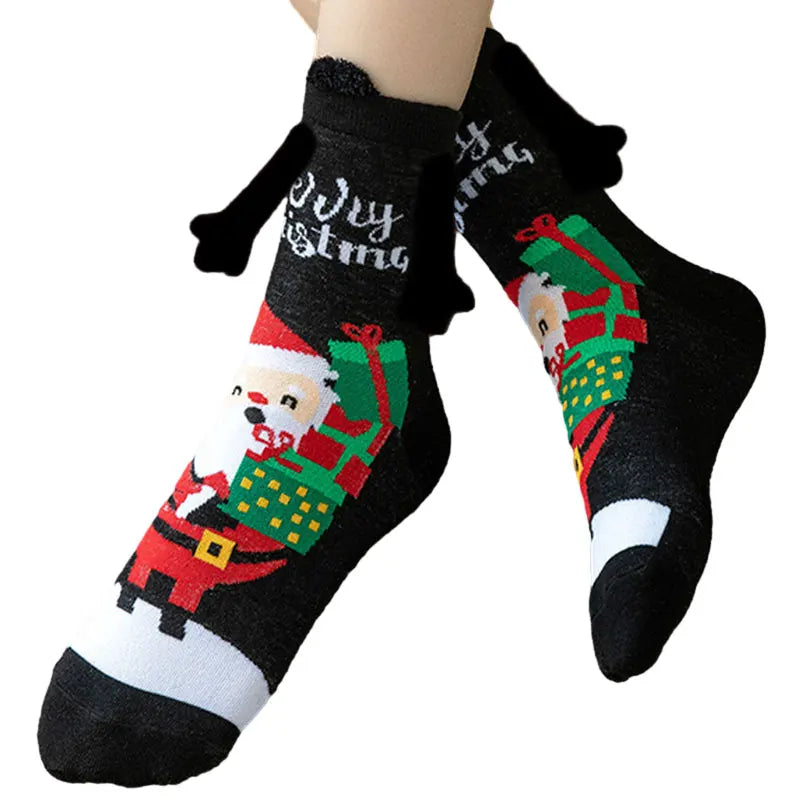 Cute Christmas Magnetic Socks Cotton Santa Claus Bear Pattern Hand In Hand Celebrity Couple Sock Mid Tube Soft Socks With Magnet ShopOnlyDeal